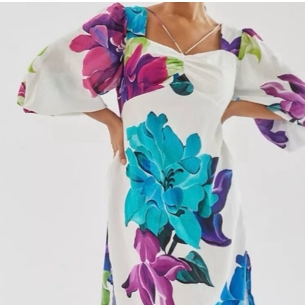 Anthropologie Maeve Large Floral Print Boho Open Back Dress Size US 2 Party